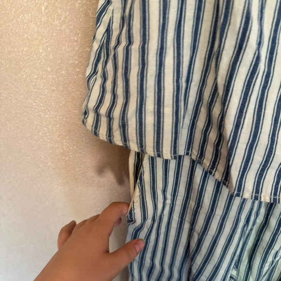 Madewell Linen Striped Nautical Off The Shoulder Flounce Cropped Jumpsuit C - Picture 5 of 5